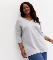 New Look Curves Grey Fine Knit Long V Neck Top